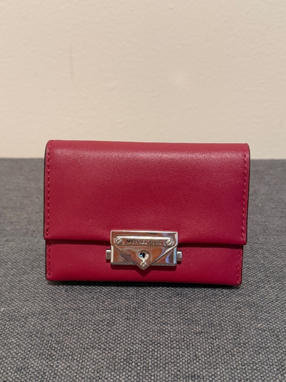 Michael Kors Cece Small Card Case Wallet Berry Red Leather Silver Hardware